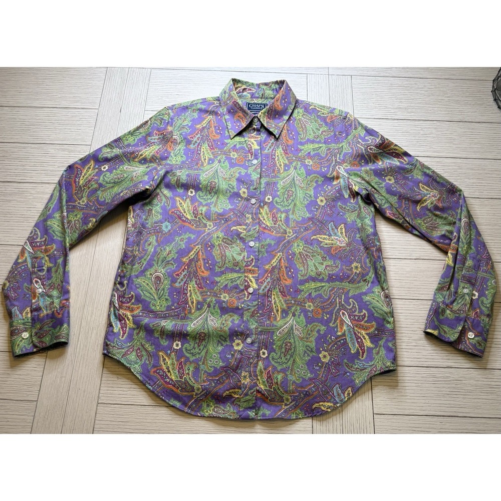 CHAPS Ralph Lauren Women's Purple Green No Iron Paisley Button Up LS Shirt‎ Sz M